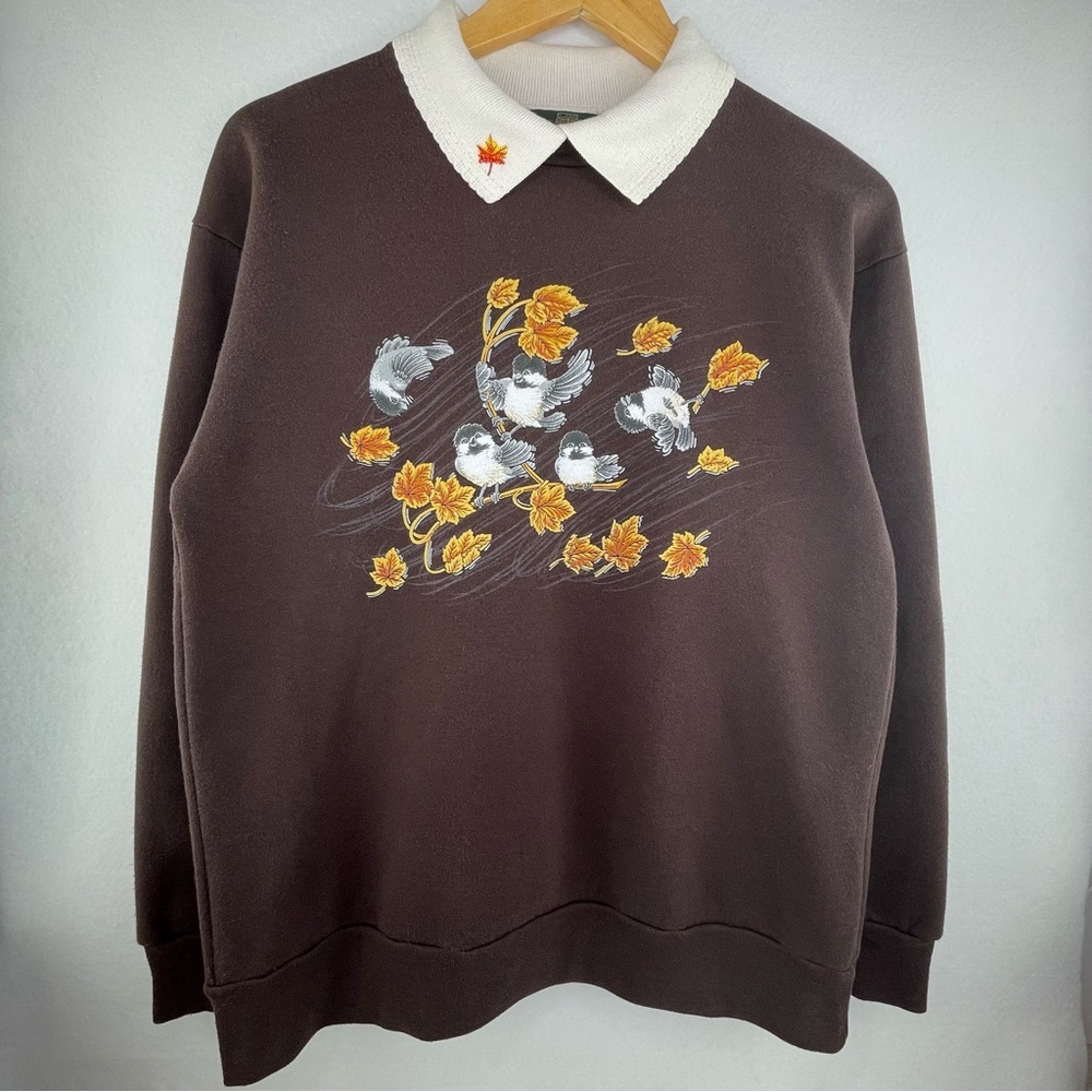 Vintage Brown Sweatshirt with Embroidered Birds and Leaves